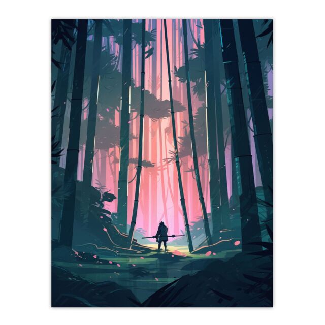 Artery8 Wall Art Print Samurai Master in Bamboo Forest at Dawn Concept Painting Pastel Colour Pink Blue Green Warrior Practicing Martial Arts in - image 1