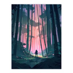 Artery8 Wall Art Print Samurai Master in Bamboo Forest at Dawn Concept Painting Pastel Colour Pink Blue Green Warrior Practicing Martial Arts in - thumbnail 1