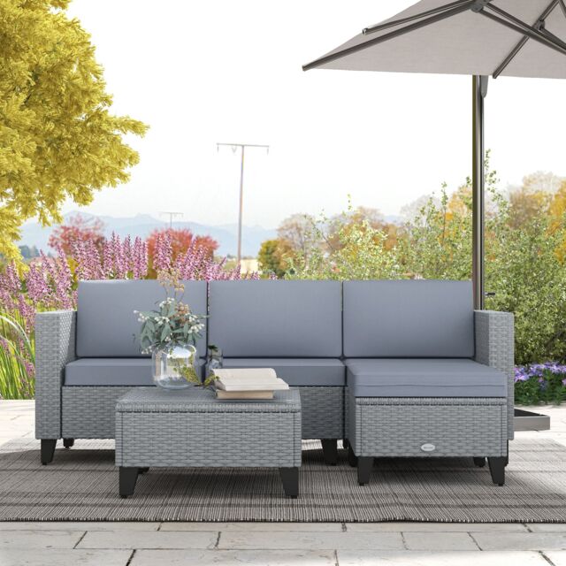 OUTSUNNY 5 PCs Rattan Garden Furniture Set with Glass Coffee Table in Grey - image 1
