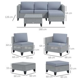 OUTSUNNY 5 PCs Rattan Garden Furniture Set with Glass Coffee Table in Grey - thumbnail 3