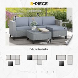 OUTSUNNY 5 PCs Rattan Garden Furniture Set with Glass Coffee Table in Grey - thumbnail 4