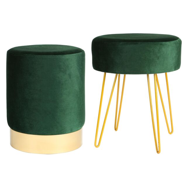 Harbour Housewares 2 Piece Round Soft Velvet Hairpin Footstool Set in Green - image 1