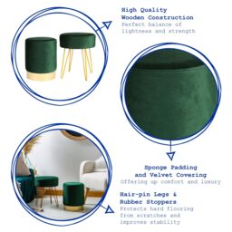 Harbour Housewares 2 Piece Round Soft Velvet Hairpin Footstool Set in Green - thumbnail 2