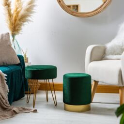 Harbour Housewares 2 Piece Round Soft Velvet Hairpin Footstool Set in Green - thumbnail 5