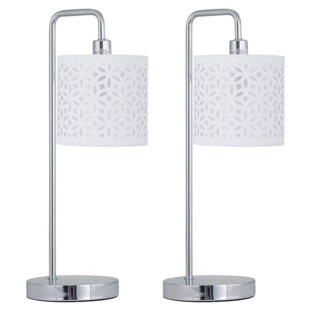 First Choice Lighting Set of 2 Chrome Arched Table Lamps with White Laser Cut Shades in Silver - image 1