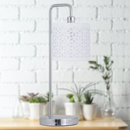 First Choice Lighting Set of 2 Chrome Arched Table Lamps with White Laser Cut Shades in Silver - thumbnail 6