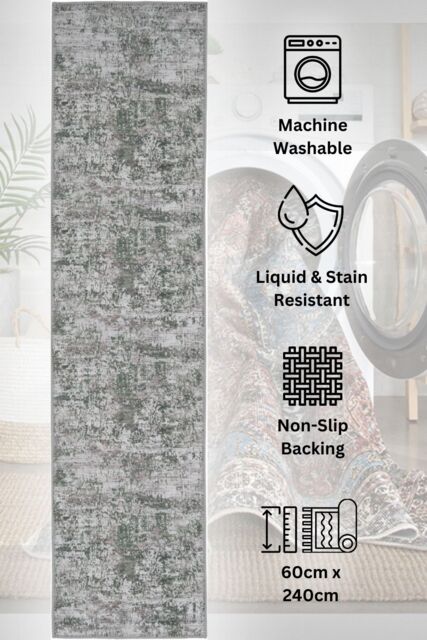 Kukoon Washable Runner Rug Green Abstract Long Hallway Carpet Mat 80cm x 300cm - Size: 80 cm x 300 cm - image 1