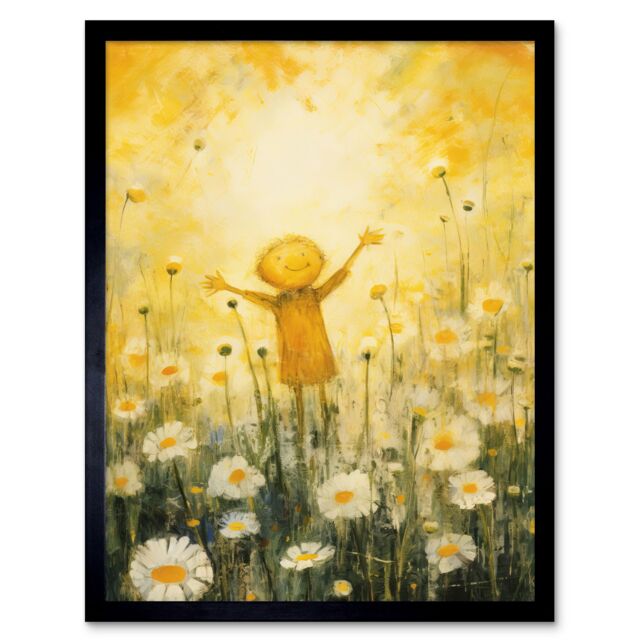 "Artery8 Wall Art Print Sunshine Happiness & Flowers Everywhere Simple Kids Bedroom Nursery Artwork Art Framed in Black - Size: W12"" x H16""" - image 1