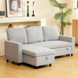 HOMCOM Pull Out Sofa Bed L Shape Corner Sofa w/ Reversible Chaise in Light Grey - thumbnail 1