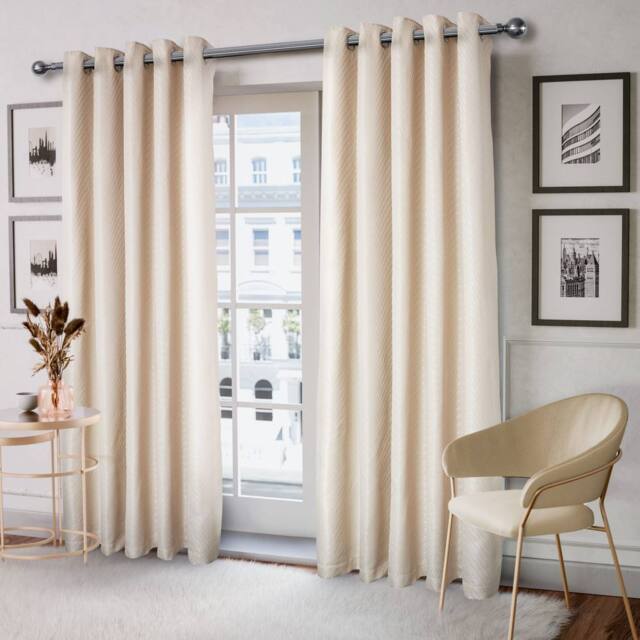 New Edge Blinds Wave Woven Jacquard Curtains in Navy in Cream - Size: 168 cm width x 183 cm drop - image 1
