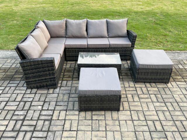 Fimous 8 Seater High Back Outdoor Garden Furniture Set Rattan Corner Sofa Set With Big Footstool Dark Grey Mixed - image 1