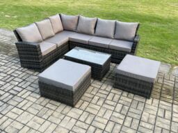 Fimous 8 Seater High Back Outdoor Garden Furniture Set Rattan Corner Sofa Set With Big Footstool Dark Grey Mixed - thumbnail 2