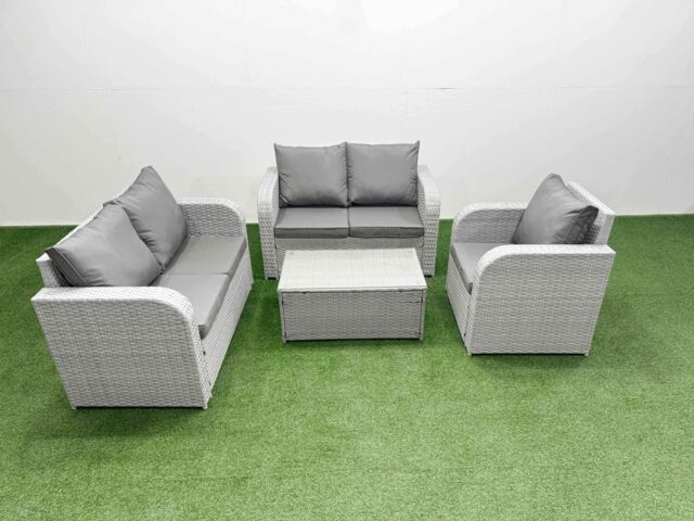 Fimous High Back Poly Rattan Garden Furniture Set with Reclining Chair Loveseat Sofa Rectangular Coffee Table Indoor Outdoor Patio Set Light Grey - image 1