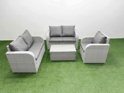 Fimous High Back Poly Rattan Garden Furniture Set with Reclining Chair Loveseat Sofa Rectangular Coffee Table Indoor Outdoor Patio Set Light Grey - thumbnail 1
