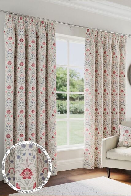 Enhanced Living 100% Blackout Floral Thermal Energy Saving Pair of Curtains with Tape Top Header - Red - Size: 117 cm width x 183 cm drop - image 1