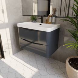 Balterley Bathroom Wall Hung 2 Drawer Vanity, Ceramic Basin, Dark Grey, 800mm in Grey - thumbnail 4