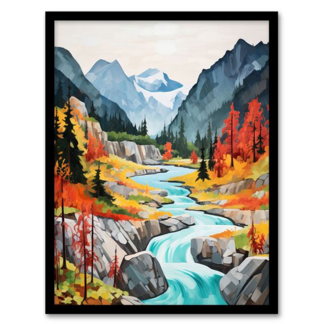 "Artery8 Wall Art Print Jiuzhaigou Valley Acrylic Painting China Biosphere Reserve With Forest Mountains & Streams Art Framed - Size: W12"" x H16""" - image 1
