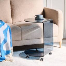 Wyld and Coco Astra Living Side Table Blue Tempered Glass Castors Easy Mobility - thumbnail 1