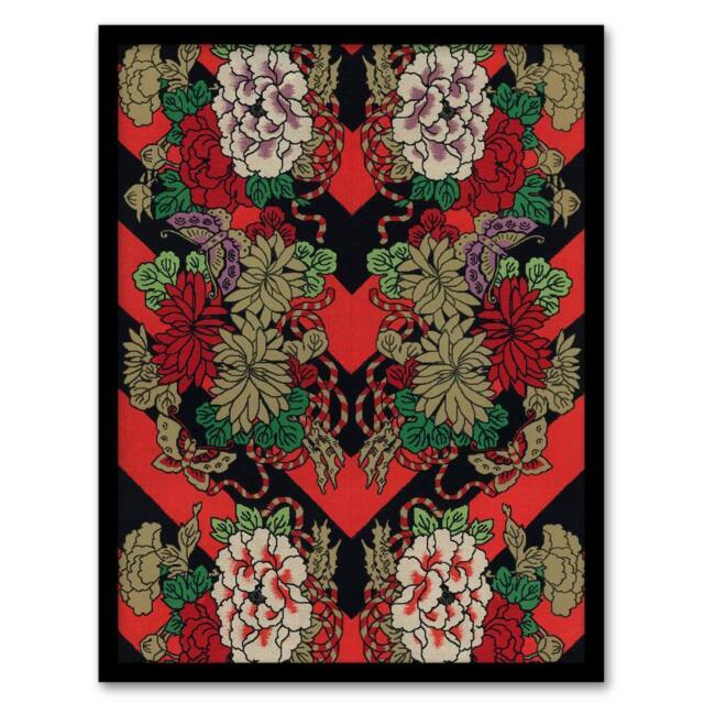 Artery8 Japanese Red Fan Floral Pattern Audsley Vintage Framed Wall Art Print - Size: A4 - image 1