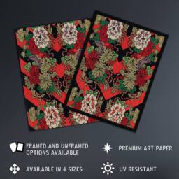 Artery8 Japanese Red Fan Floral Pattern Audsley Vintage Framed Wall Art Print - Size: A4 - thumbnail 2