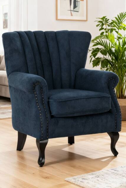 Living and Home Elegant Chenille Armchair with Rubberwood Legs in Blue - image 1