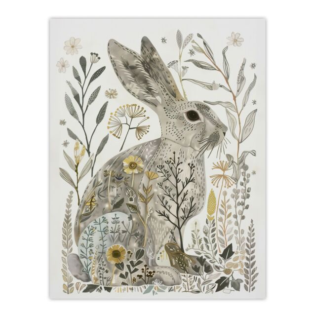 "Artery8 Bunny Rabbit Flowers Grey Yellow Bright Folk Art Wall Art Print - Size: W24"" x H32""" - image 1