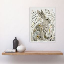"Artery8 Bunny Rabbit Flowers Grey Yellow Bright Folk Art Wall Art Print - Size: W24"" x H32""" - thumbnail 4