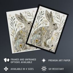 "Artery8 Bunny Rabbit Flowers Grey Yellow Bright Folk Art Wall Art Print - Size: W24"" x H32""" - thumbnail 2
