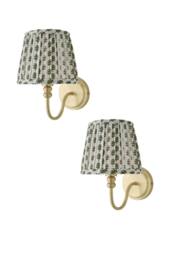 ValueLights Binky Pair of Rechargeable Gold Wall Lights with Floral Pleated Shades in Pale Green - thumbnail 1