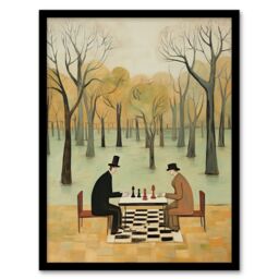 Artery8 Chess In The Park Whimsical Chess Game Pastel Colour Artwork Art Print Framed Poster Wall Decor in Black - Size: A4 - thumbnail 1