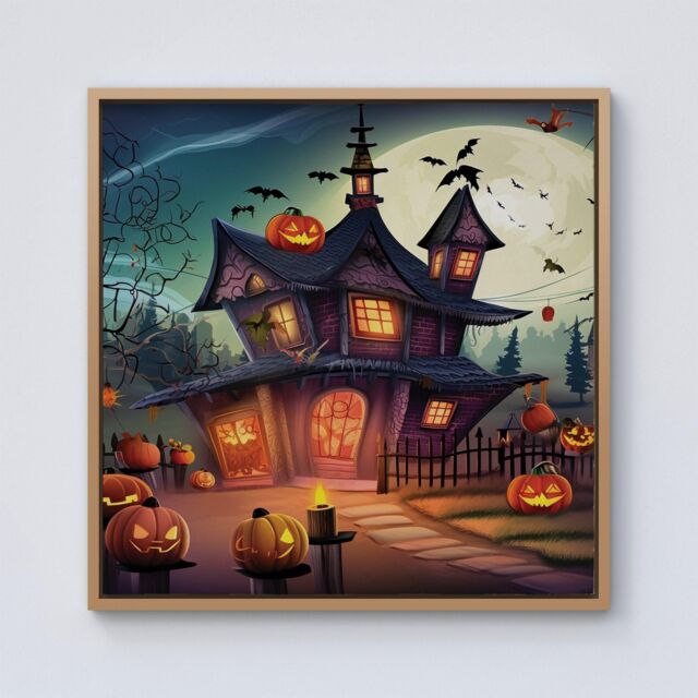 Warren Reed - Designer Spooky Halloween House Framed Canvas in Light Brown - Size: w40 inch x h40 inch - image 1