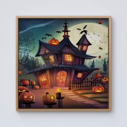 Warren Reed - Designer Spooky Halloween House Framed Canvas in Light Brown - Size: w40 inch x h40 inch - thumbnail 1