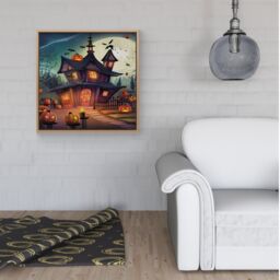 Warren Reed - Designer Spooky Halloween House Framed Canvas in Light Brown - Size: w40 inch x h40 inch - thumbnail 2