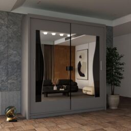 Sliding Wardrobes 4U Curved Mirror Sliding Door Wardrobe 150cm X 217cm in Grey - Size: 150 cm X 217 cm - thumbnail 1