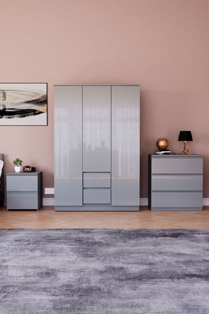Home Discount Vida Designs Glinton 3Pc Bedroom Set(2Dr Bedside, 3Dr Chest, Wardrobe) in Grey - image 1