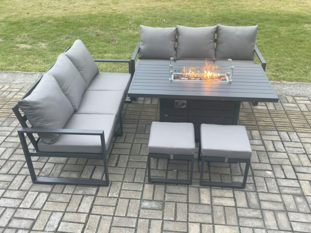 Fimous Aluminium 8 Seater Outdoor Garden Furniture Lounge Sofa Set Gas Fire Pit Dining Table with 2 Small Footstools Dark Grey - image 1