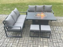 Fimous Aluminium 8 Seater Outdoor Garden Furniture Lounge Sofa Set Gas Fire Pit Dining Table with 2 Small Footstools Dark Grey - thumbnail 1