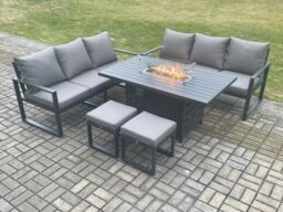 Fimous Aluminium 8 Seater Outdoor Garden Furniture Lounge Sofa Set Gas Fire Pit Dining Table with 2 Small Footstools Dark Grey - thumbnail 2