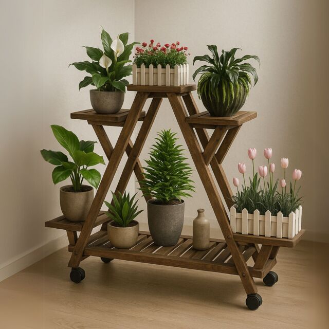 Rafaelo Mobilia 6 Tier Bamboo Wooden Plant Stand Shelves With Lockable Wheels in Brown - image 1