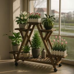 Rafaelo Mobilia 6 Tier Bamboo Wooden Plant Stand Shelves With Lockable Wheels in Brown - thumbnail 2