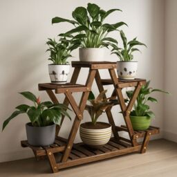 Rafaelo Mobilia 6 Tier Bamboo Wooden Plant Stand Shelves With Lockable Wheels in Brown - thumbnail 3