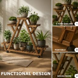 Rafaelo Mobilia 6 Tier Bamboo Wooden Plant Stand Shelves With Lockable Wheels in Brown - thumbnail 9