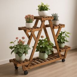 Rafaelo Mobilia 6 Tier Bamboo Wooden Plant Stand Shelves With Lockable Wheels in Brown - thumbnail 4