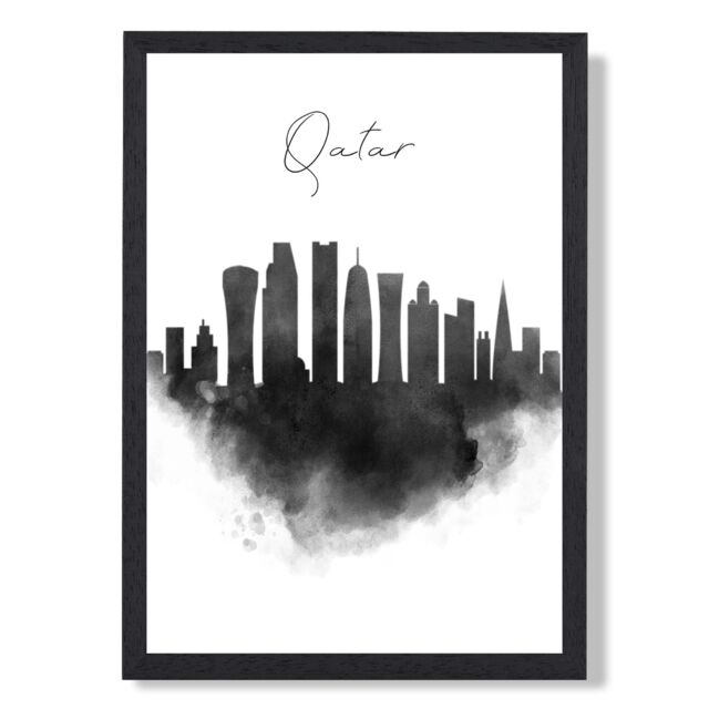 ARTZE Qatar Watercolour Skyline City Framed Print SIZE: A4 with Black Frame - image 1
