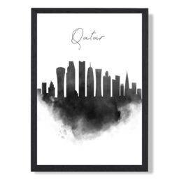 ARTZE Qatar Watercolour Skyline City Framed Print SIZE: A4 with Black Frame - thumbnail 1