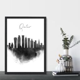 ARTZE Qatar Watercolour Skyline City Framed Print SIZE: A4 with Black Frame - thumbnail 2