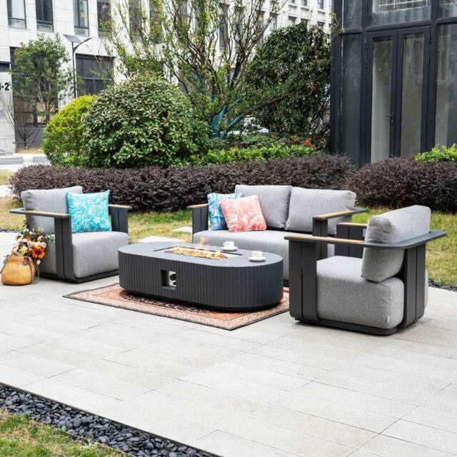 MIMO Outdoor 4-Seater Aluminum Sofa Set with Terrafab Fire Pit Table in Grey - Size: 4 Person - image 1