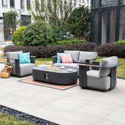 MIMO Outdoor 4-Seater Aluminum Sofa Set with Terrafab Fire Pit Table in Grey - Size: 4 Person - thumbnail 1