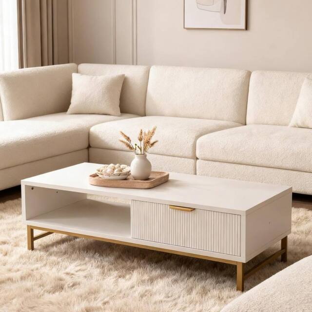FURNITURE ONE Modern White Coffee Table with Drawer & Open Shelf in Natural White - Size: 1 Pack - image 1