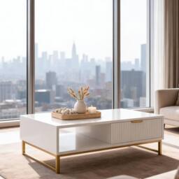 FURNITURE ONE Modern White Coffee Table with Drawer & Open Shelf in Natural White - Size: 1 Pack - thumbnail 3